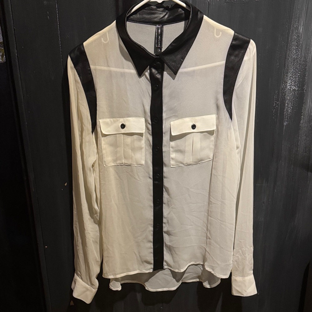 Poof Couture Black and White Sheer Blouse Button Down Contrasting Trim Junior L